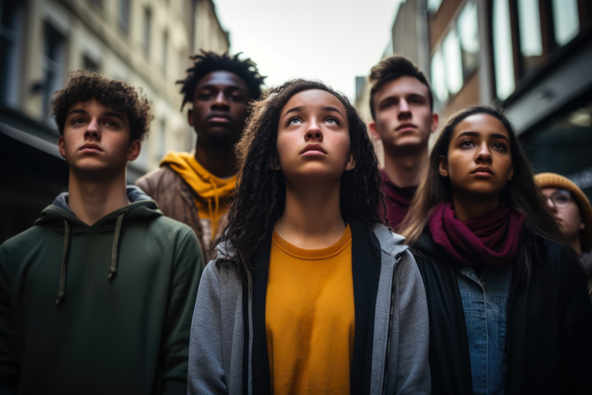 A group of young people looking up together